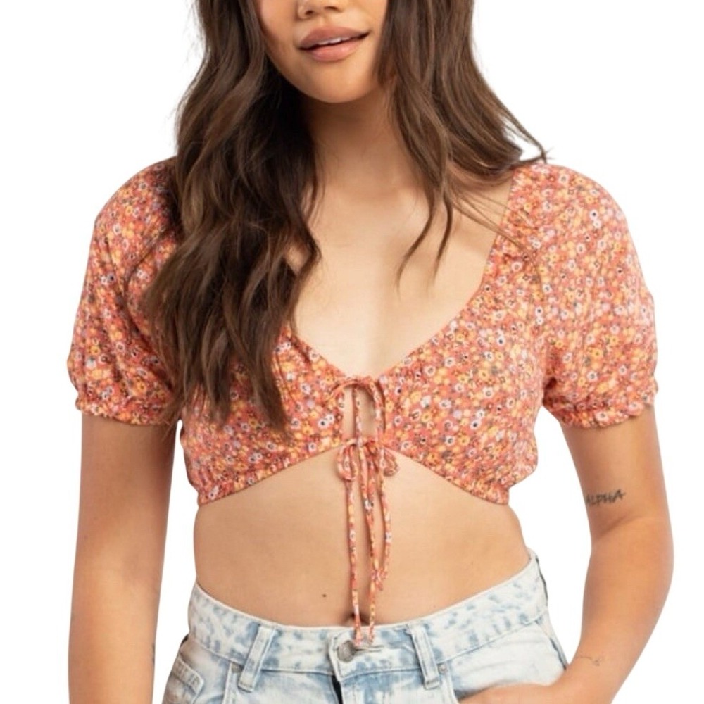 RSQ Tilly's Womens Floral‎ Tie Front Crop Top Orange Yellow Ditsy Puff Sleeve XL